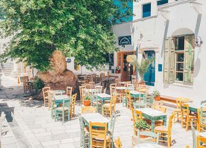 Pyrgos, in the north, has a charming square where you can settle down to Greek coffee and a slice of galaktoboureko