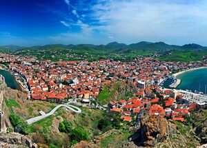 Panoramic view of Myrina town, the capital of Lemnos island from its castle