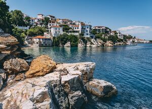 The captain’s houses of the listed Plaka district, Skiathos town