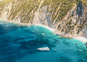 Aerial drone photo of beautiful paradise beach of Afales and white beach in beautiful Ionian island of Ithaki