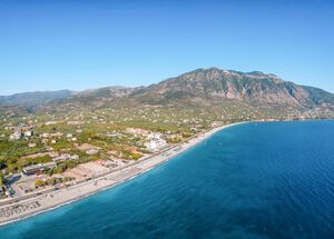 The beachfront near Kalamata has memorable views of Mt Taygetos