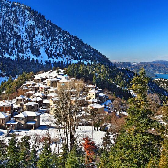 Picturesque Fidakia village near Karpenisi. In the background Kremasta lake