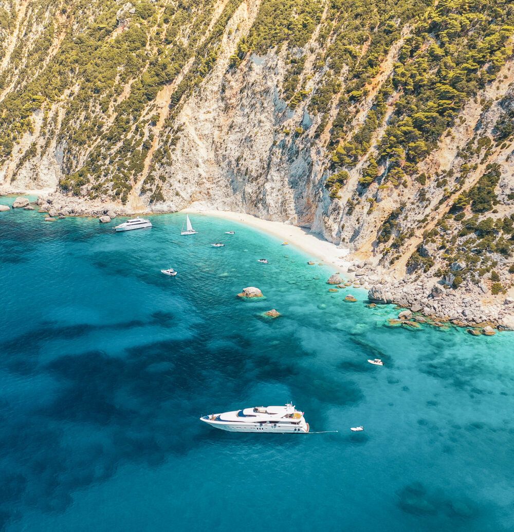 Aerial drone photo of beautiful paradise beach of Afales and white beach in beautiful Ionian island of Ithaki