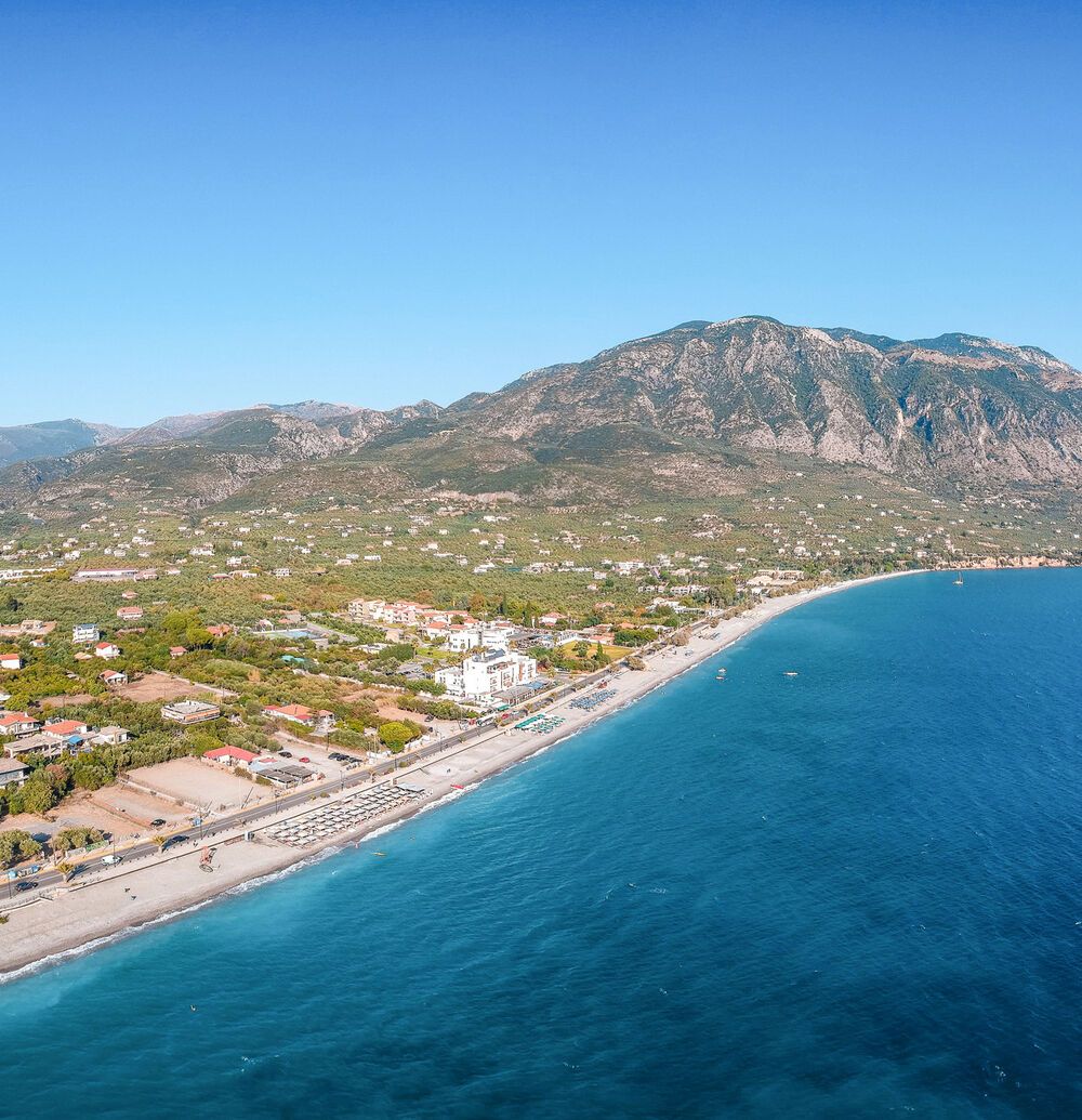 The beachfront near Kalamata has memorable views of Mt Taygetos