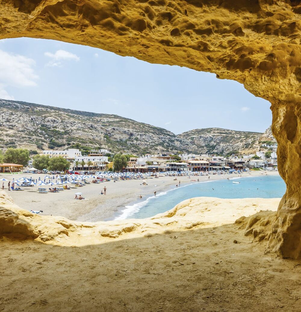 Matala beach from the limestone caves at the end of the beach