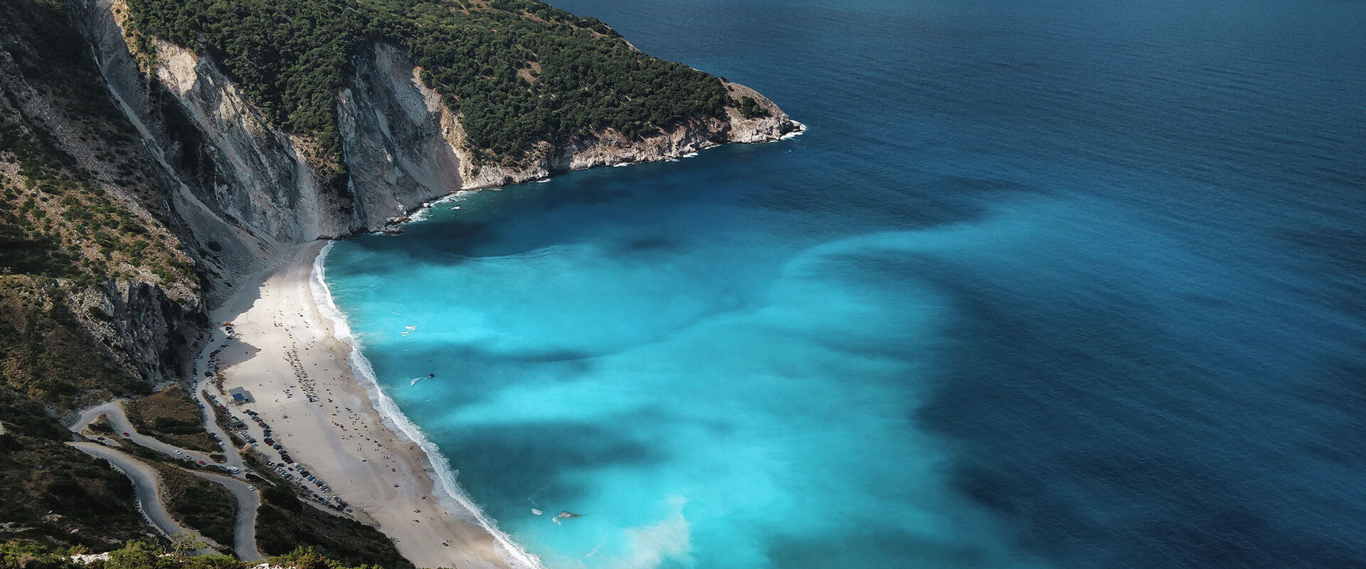 Amazing blue waters of Myrtos beach in Kefalonia