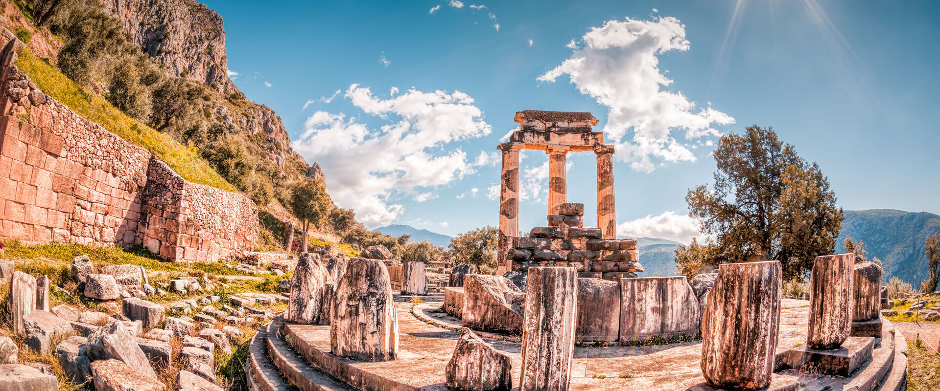 The Tholos of Athena pronaia, originally consisted of 20 Doric columns arranges around 10 Corinthian columns 