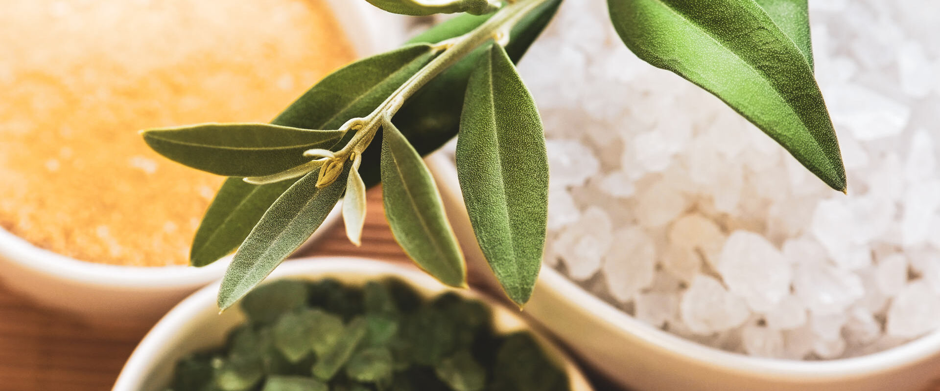 Fresh olive branch and bath salt