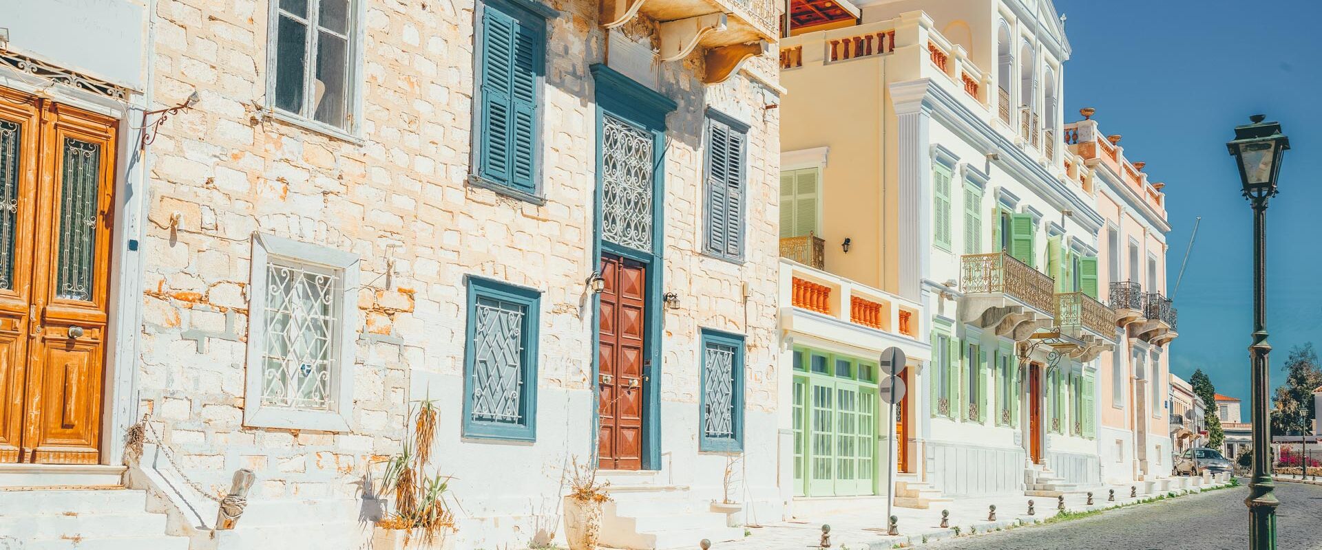 Alleyway with colorful buildings on Ermoupolis