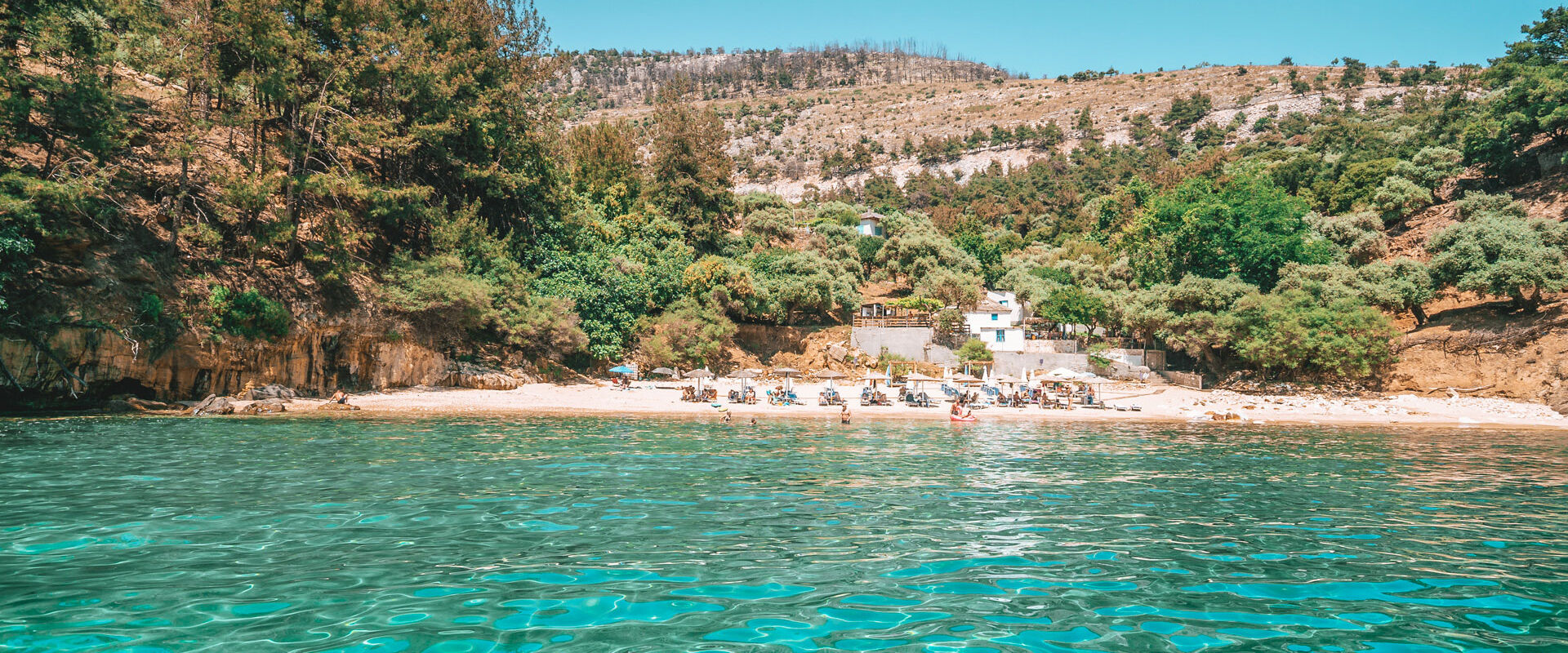 Pine trees and crysta clear waters on Arsanas beach in Thassos