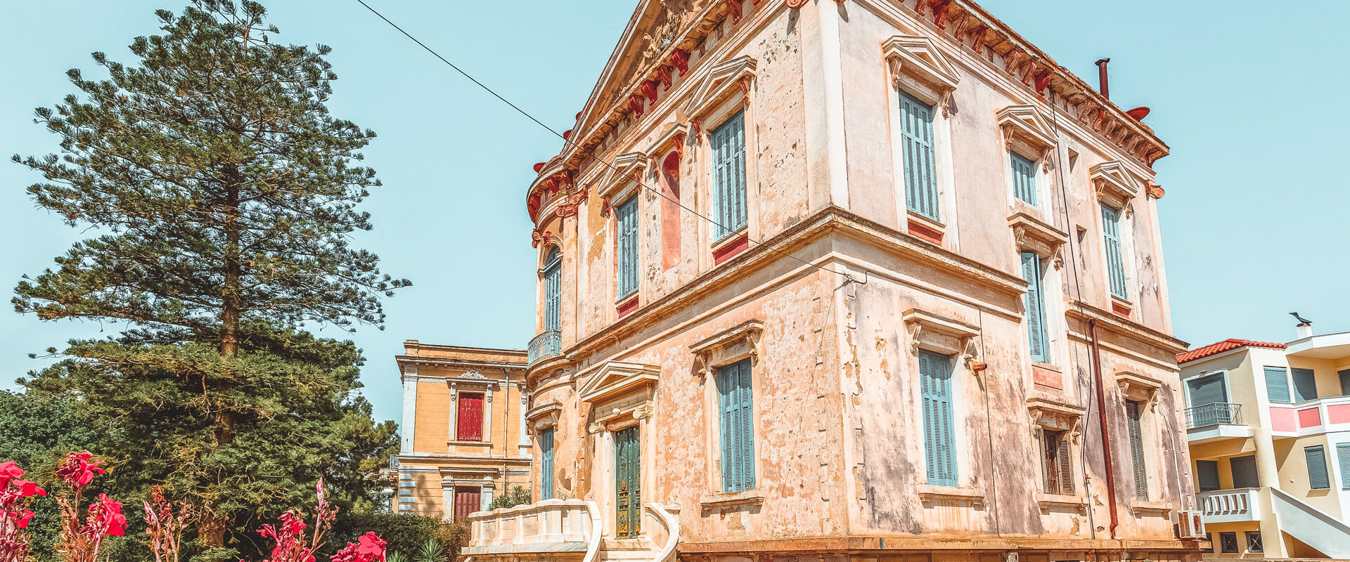 Typical colorful Mediterranean style mansion, built in classical style in Mytilene town, Lesvos island