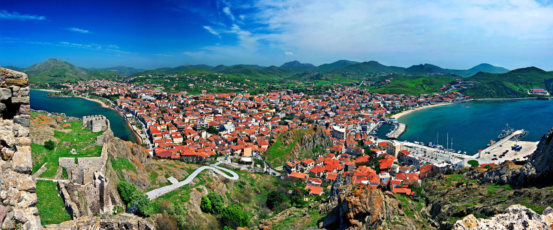 Panoramic view of Myrina town, the capital of Lemnos island from its castle