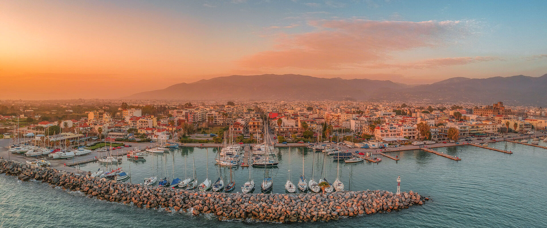 Idyllic landscape of Kalamata's Marina at sunset