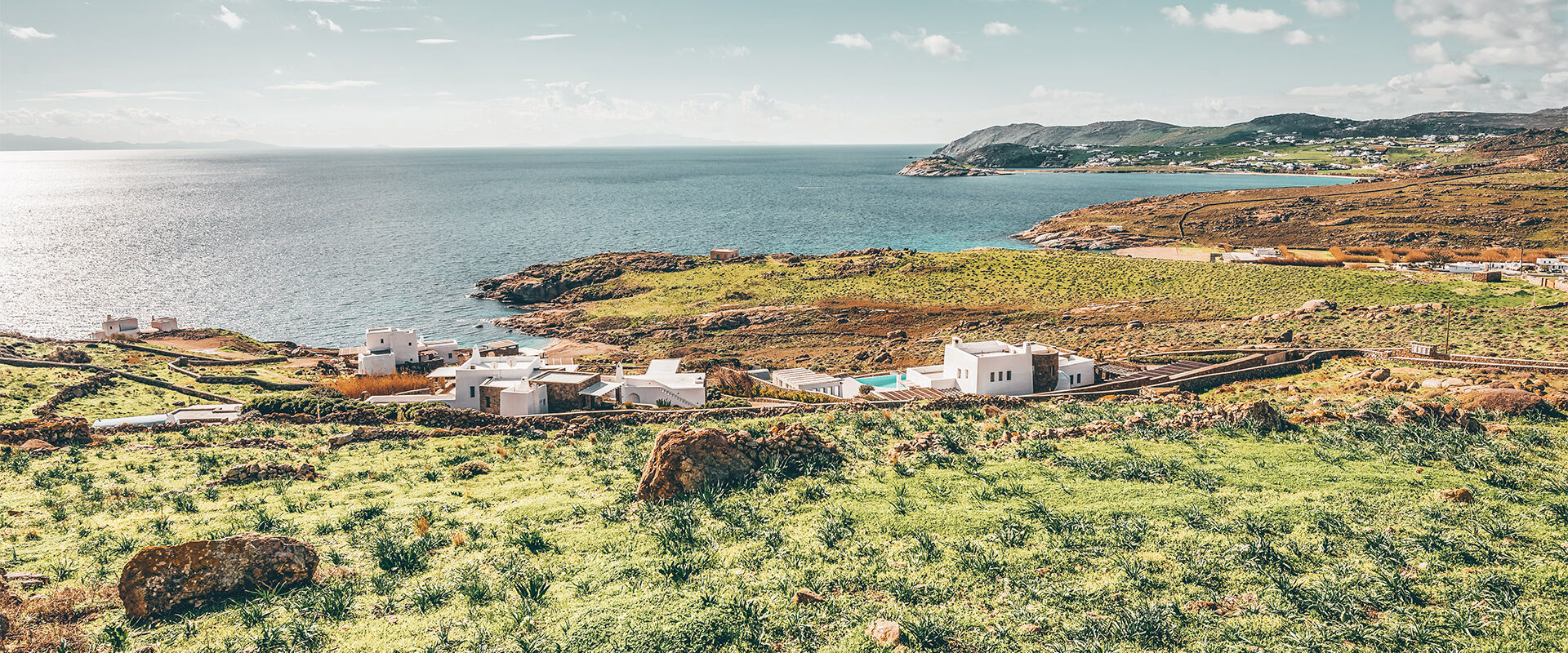 Spring on the island of Mykonos and amazing view to the Aegean