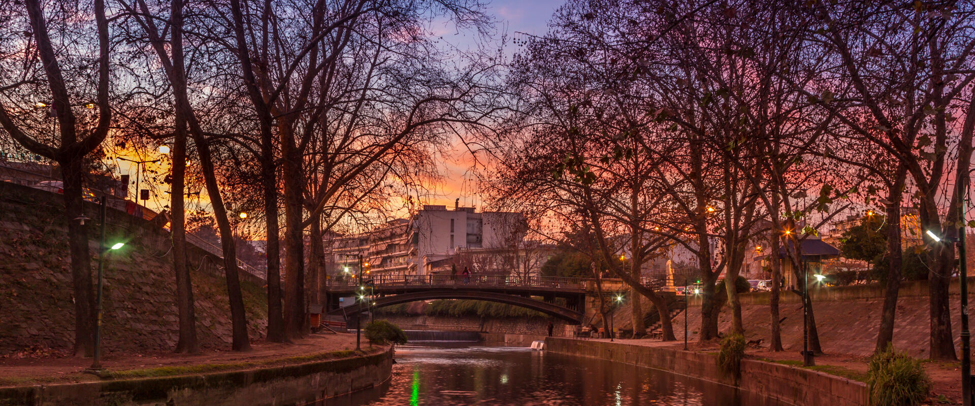 Sunset at the river Lithaios, in Trikala, Greece