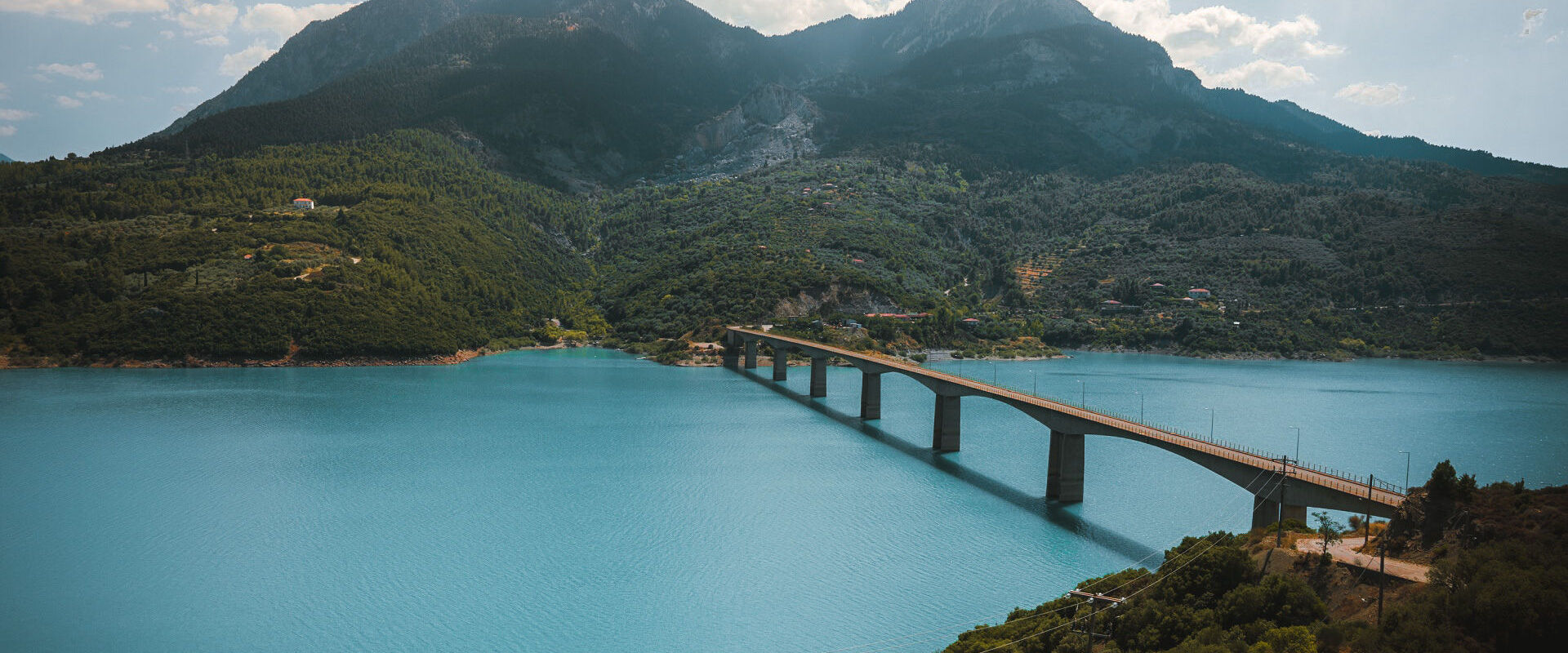 Scenic view from the mountain to Kremaston lake