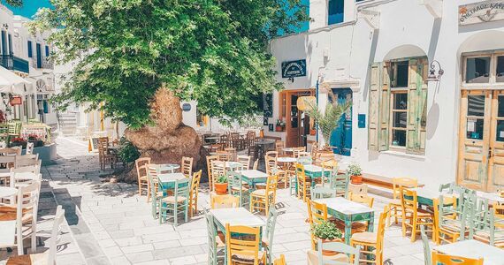 Pyrgos, in the north, has a charming square where you can settle down to Greek coffee and a slice of galaktoboureko