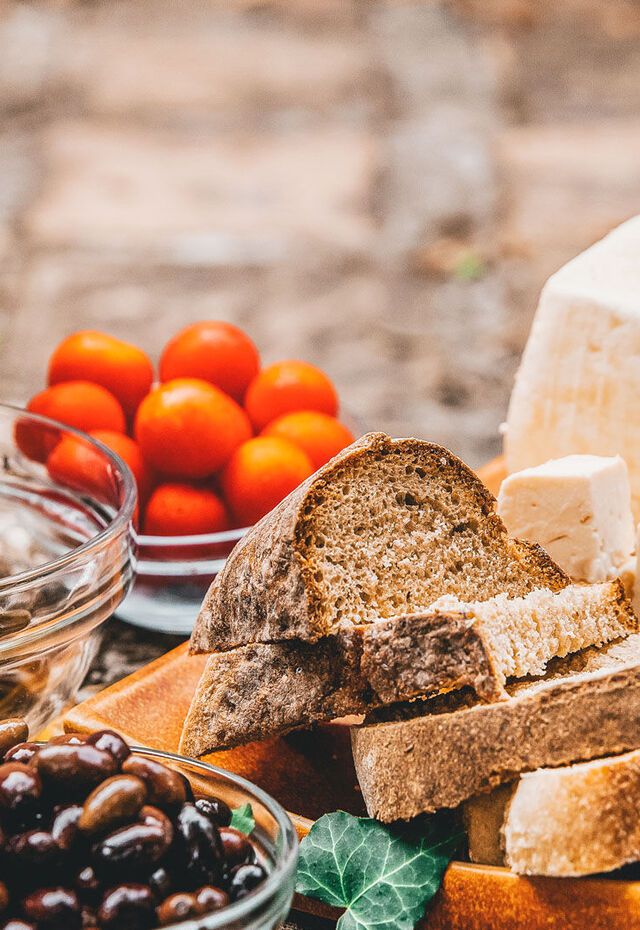 Local olive oil, wine, olives and cheese