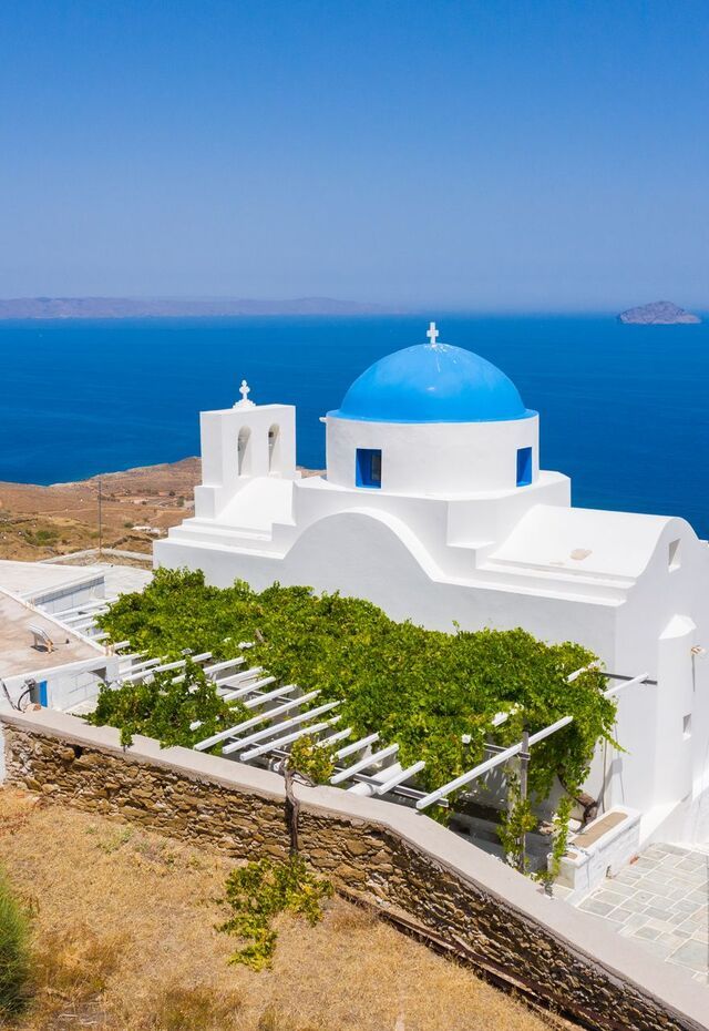 The church Of Panagia Skopiani, offers one of kind views of the Aegean