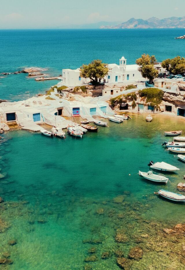 Aerial view of the Mandrakia, a little fishing village in Milos