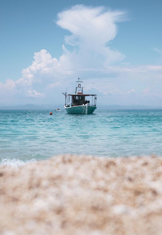 A traditional fishing boat at Agios Nikitas beach in Lefkada