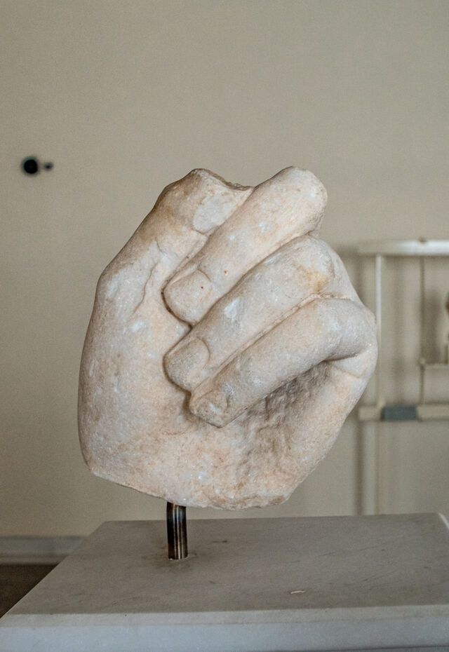 Marble hand sculpture on display inside the Archaeological Museum of Mytilene, Lesvos