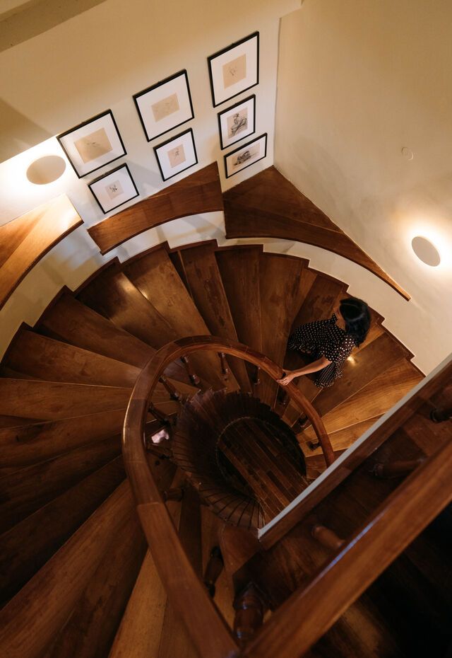 Spiral wooden staircase at the Municipal Art Gallery of Mytilene, Lesvos