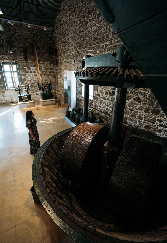 Visitor standing beside a large historic olive-crushing mill inside the Museum of Industrial Olive-Oil Production of Lesvos.