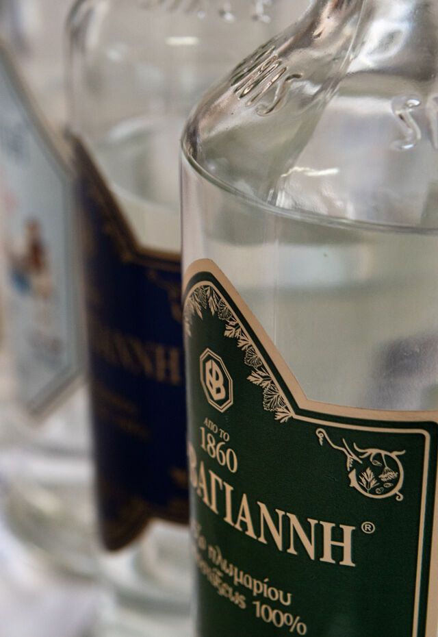 Close-up of an Ouzo Varvagianni bottle label at the Ouzo Varvagianni Museum, Lesvos