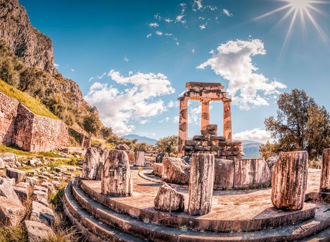 The Tholos of Athena pronaia, originally consisted of 20 Doric columns arranges around 10 Corinthian columns 