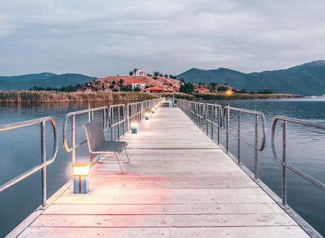 Floating bridge during sunset in Mikri Prespa Lake