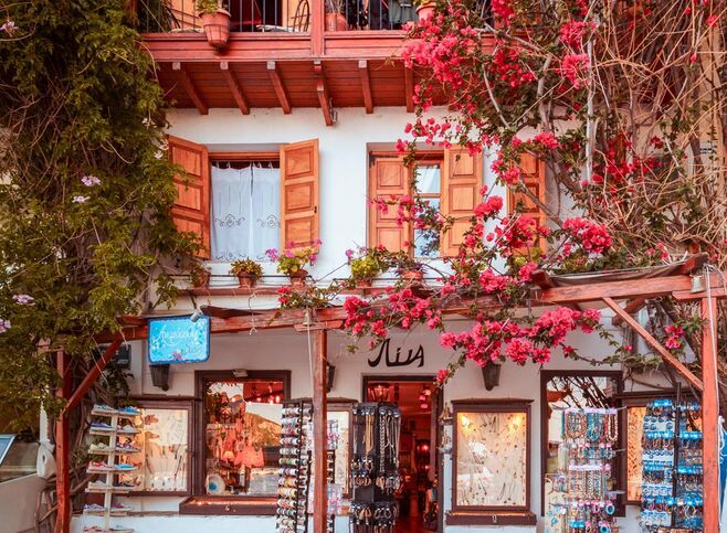 Lagstone streets with whitewashed stairs, flowers on the patios, pretty windowsills, well-kept homes at Skopelos town