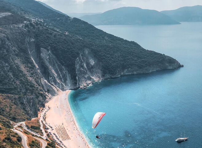 Tandem paragliding flight over Myrtos Beach, Kefalonia