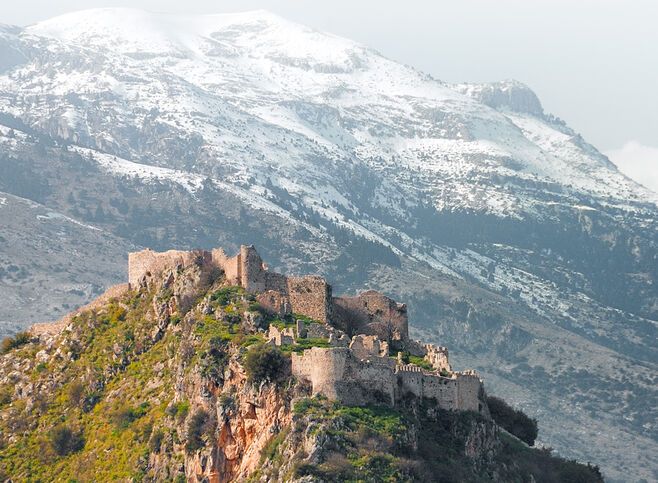 The castle of Mystras and Taygetus mountain at the background