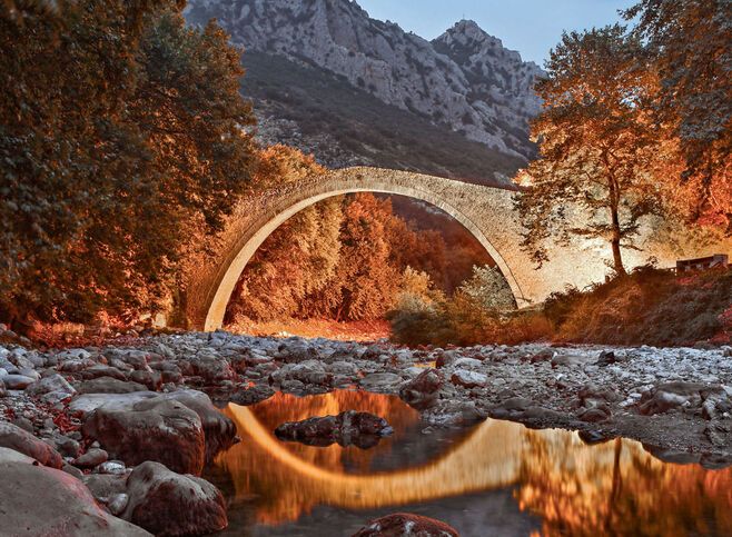 The famous arched stone bridge of Pyli, built in 1514