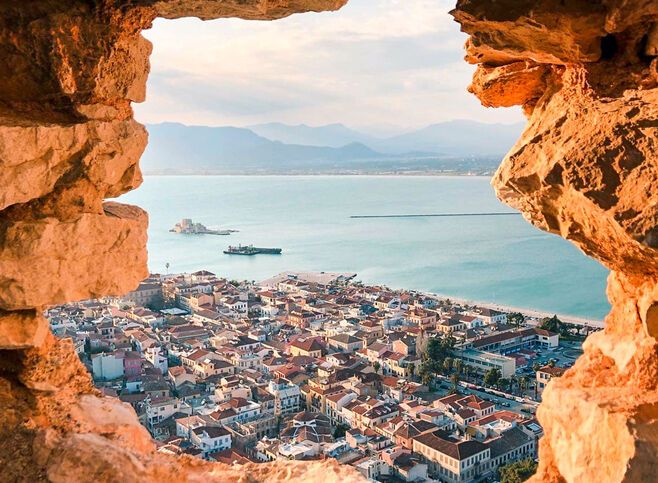 View of Nafplio city and Bourtzi Castle from Palamidi Castle