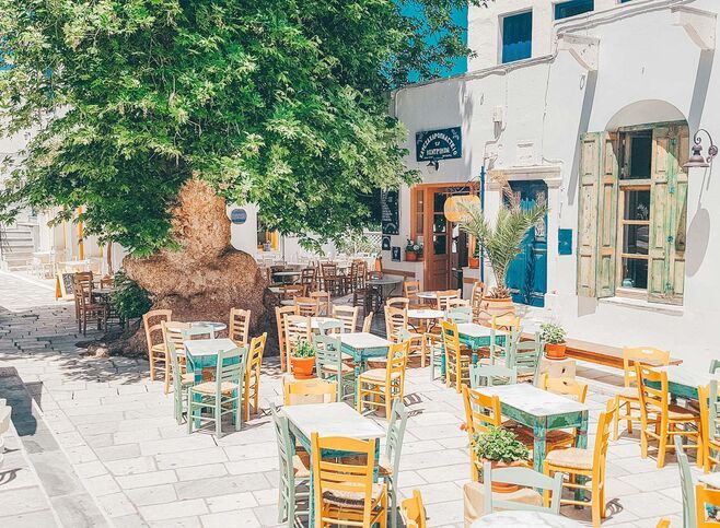 Pyrgos, in the north, has a charming square where you can settle down to Greek coffee and a slice of galaktoboureko