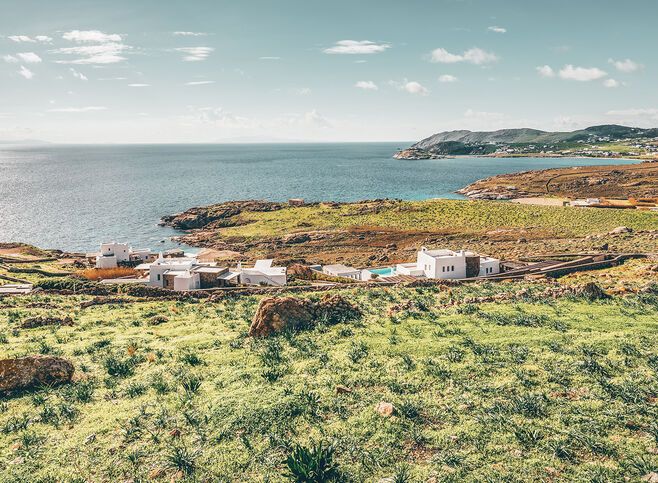 Spring on the island of Mykonos and amazing view to the Aegean