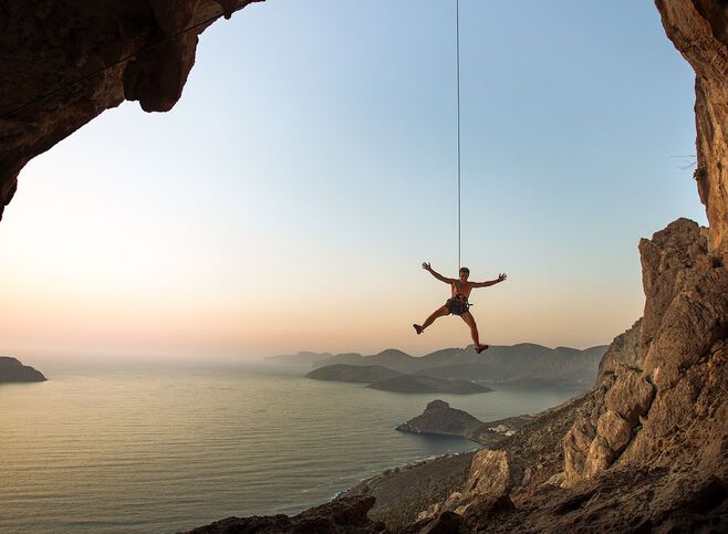 You can be inverted on an overhang with the incredible colours of the Aegean as a backdrop in the morning