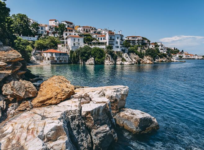 The captain’s houses of the listed Plaka district, Skiathos town