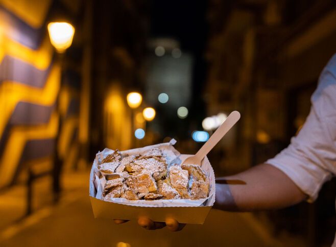 Bougatsa is a delicious filo pastry pie made either sweet with semolina-cream filling and dusted with icing sugar and cinnamon or savoury with fillings such as cheese or mince.)