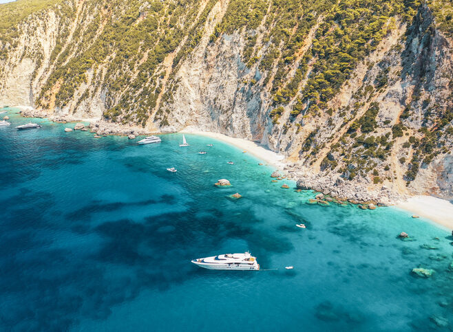 Aerial drone photo of beautiful paradise beach of Afales and white beach in beautiful Ionian island of Ithaki