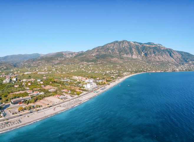 The beachfront near Kalamata has memorable views of Mt Taygetos