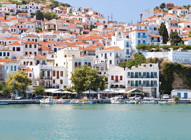 The amphitheatrically built Old Town of Skopelos