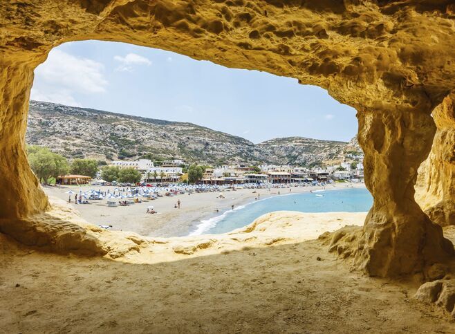 Matala beach from the limestone caves at the end of the beach