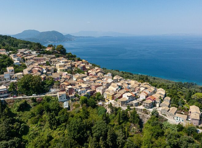 Aerial shot of Chlomos village of Corfu