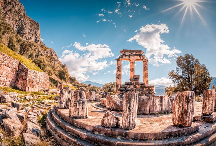 The Tholos of Athena pronaia, originally consisted of 20 Doric columns arranges around 10 Corinthian columns 