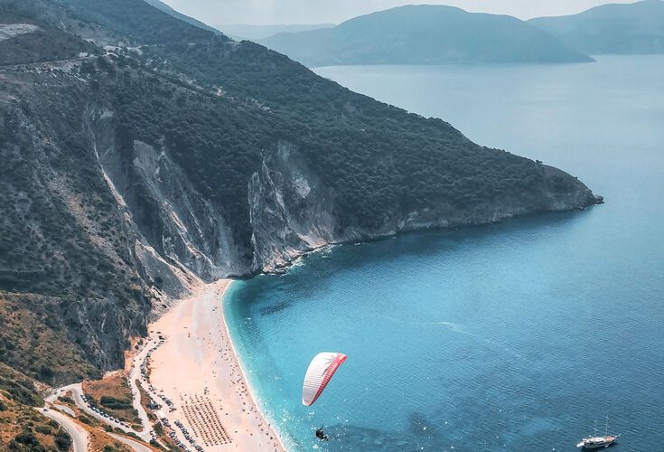 Tandem paragliding flight over Myrtos Beach, Kefalonia