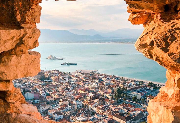 View of Nafplio city and Bourtzi Castle from Palamidi Castle