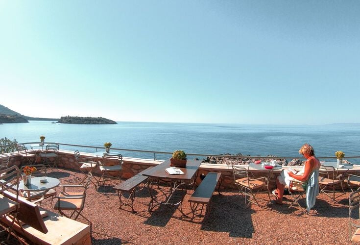 Sunbathing with a morning coffee at Kardamyli village-Aquarella cafe